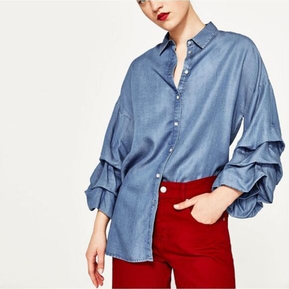 ZARA WOMAN Lyocell Chambray Ruffle Sleeve Top XS - Picture 2 of 8